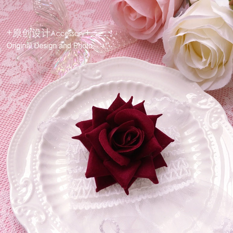 Dark Lolita Lace Wrist Cuffs for Women, Burgundy Rose Dress Cuffs with Wrist Flowers