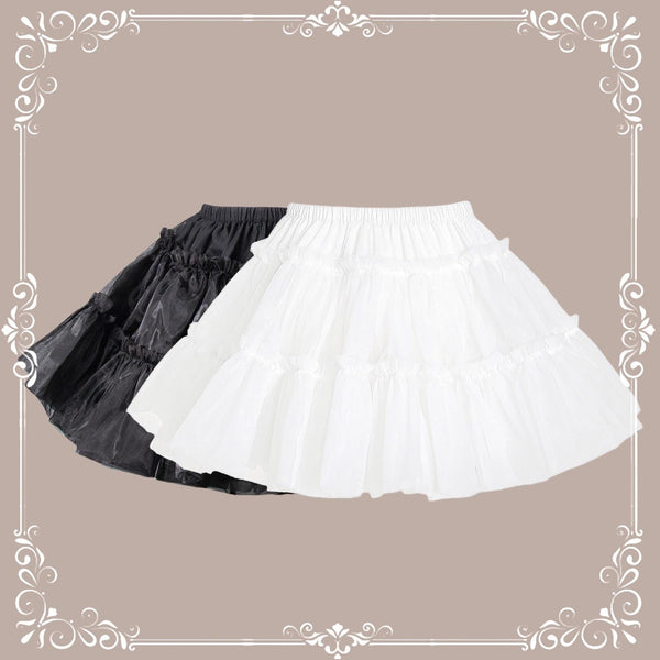 White and black short A-line petticoats with gathered tiered volume