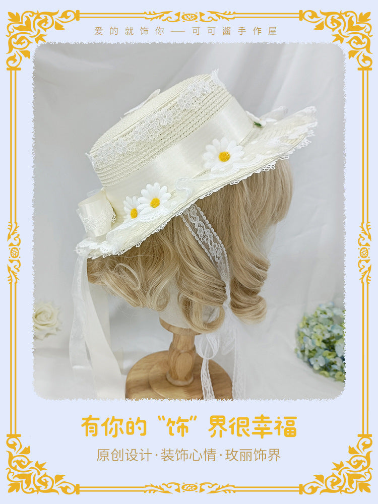 Original Handmade Lolita White Chrysanthemum Straw Hat with Bow Ribbon Sun Hat Sweet Fairy Ancient Style Outing Pastoral Hat