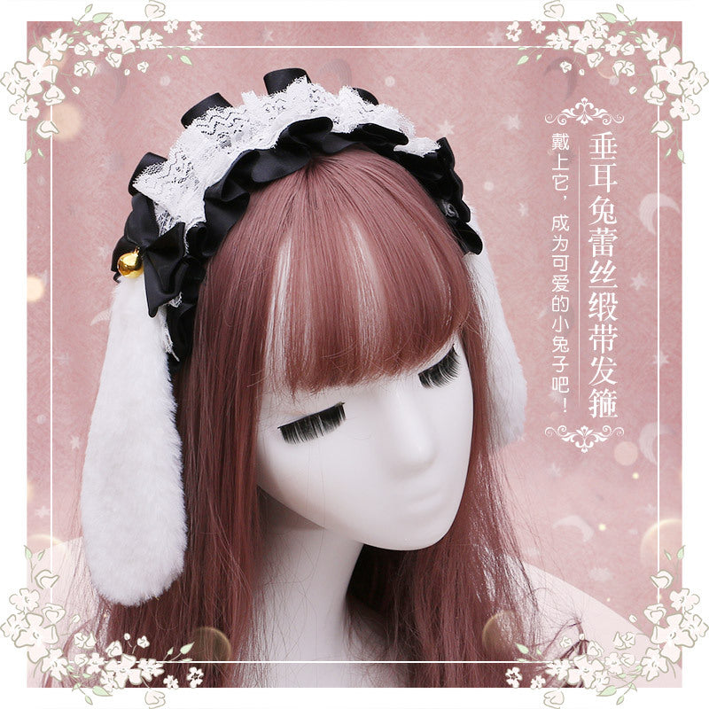 Handmade Lolita Lace Animal Ear Headwear Plush Bunny Ear Hairband Accessories