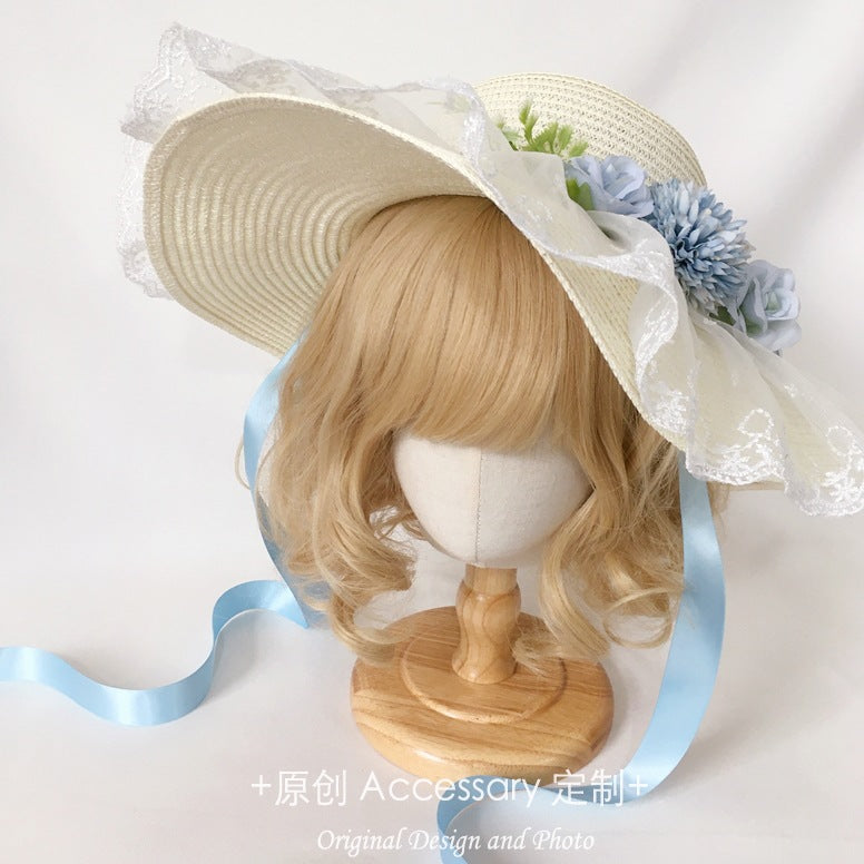 Original Handmade Lolita Sun Hat for Outings and Photos with Flower Bow Lace Wide Brim Sun Hat Straw Hat