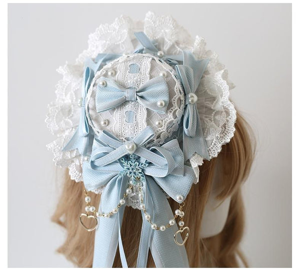 Xiaogui - Christmas Classic Lolita Lace Bow - Ice Blue Bonnet Headwear
