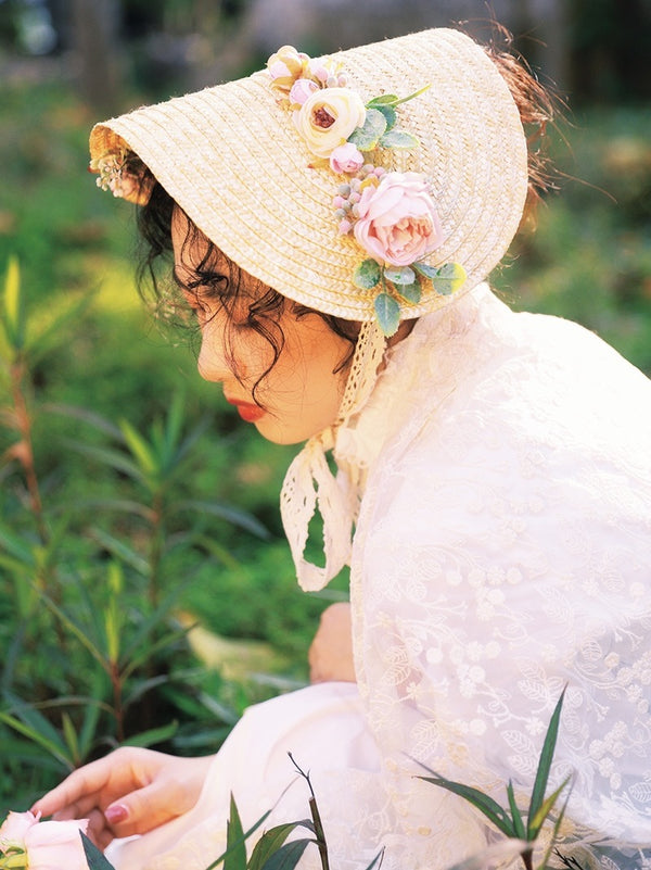 Wanqian Original Straw Hat Flat Hat Lolita Handmade Tea Party Pastoral Bonnet French Retro Photo Bntbb Hat - Lolita Fetch