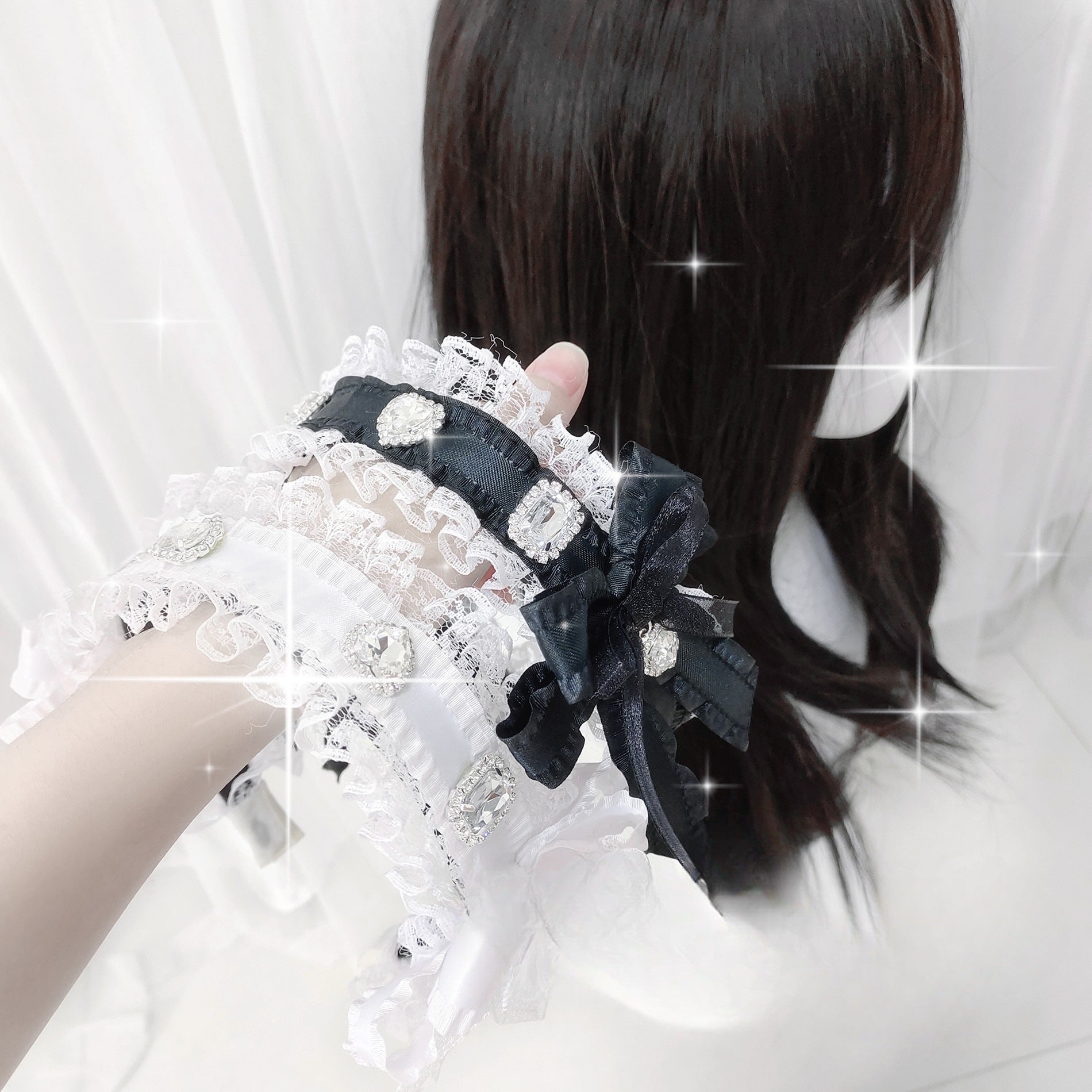 Original Handmade Lace Heart Rhinestone Bow Lace Headband Lolita Hair Accessory