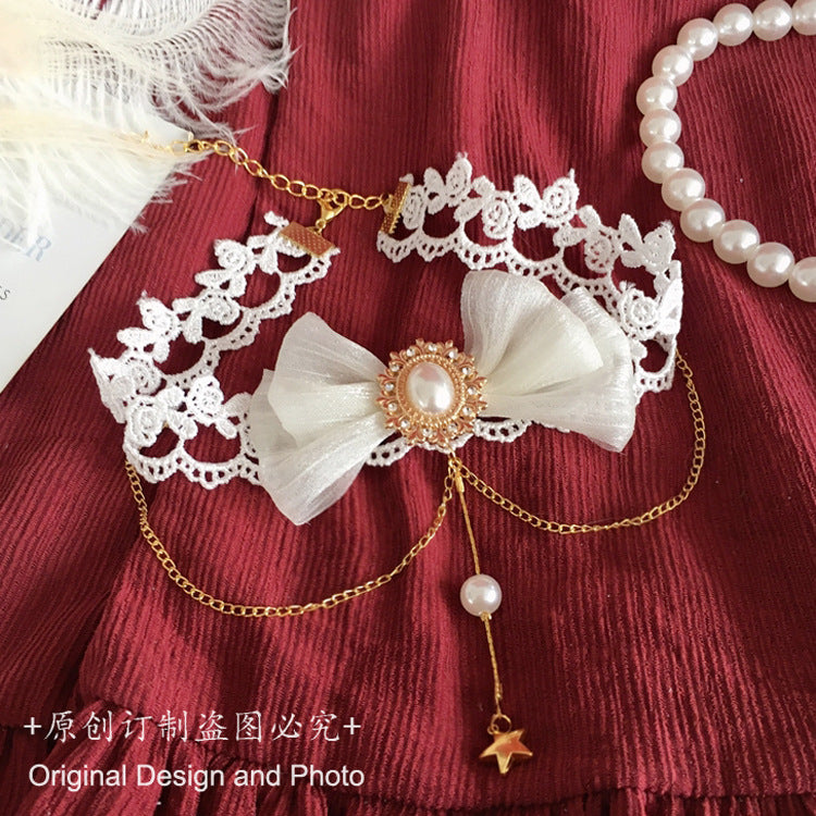 Soft Girl Lolita Necklace Daily Lace Pearl Water Drop Star Pendant Choker Accessories Small Items
