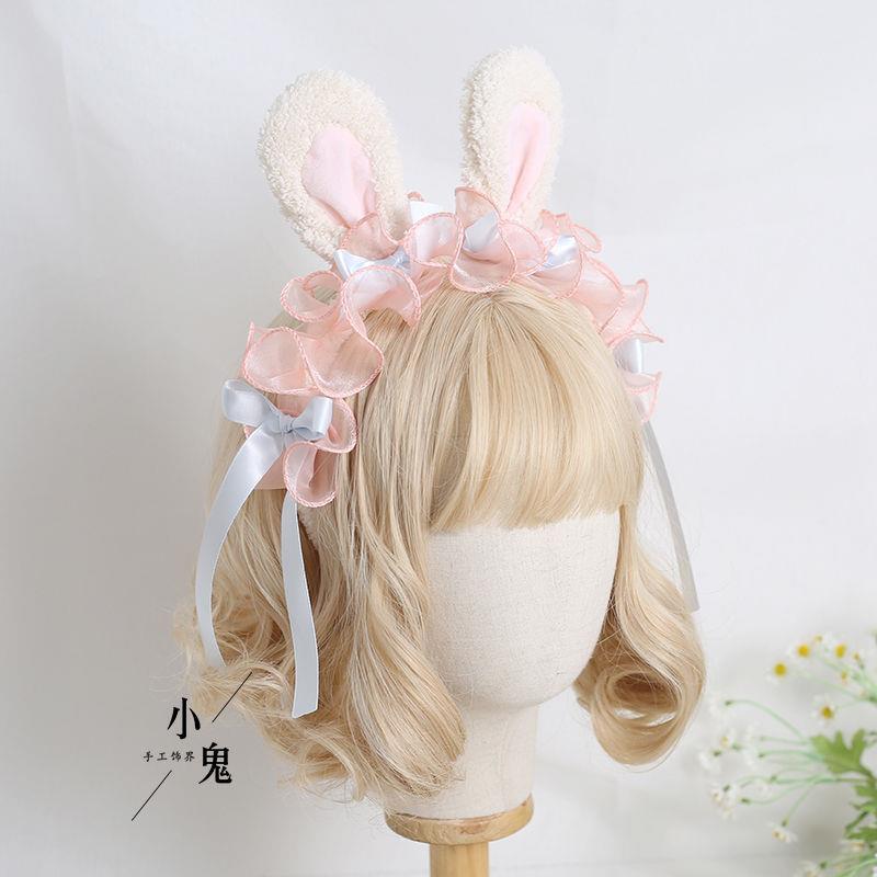 Lolita Handmade Ribbon Bunny KC Sweet Cute Bowknot Bunny Ear Headband Lolita Ruffled Hair Accessory Headwear