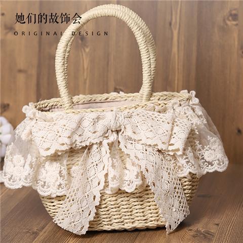 Original Handmade Straw Bag Lolita Lace Artificial Flower Beach Pastoral Soft Girl 2022 New Handbag Tote Bag