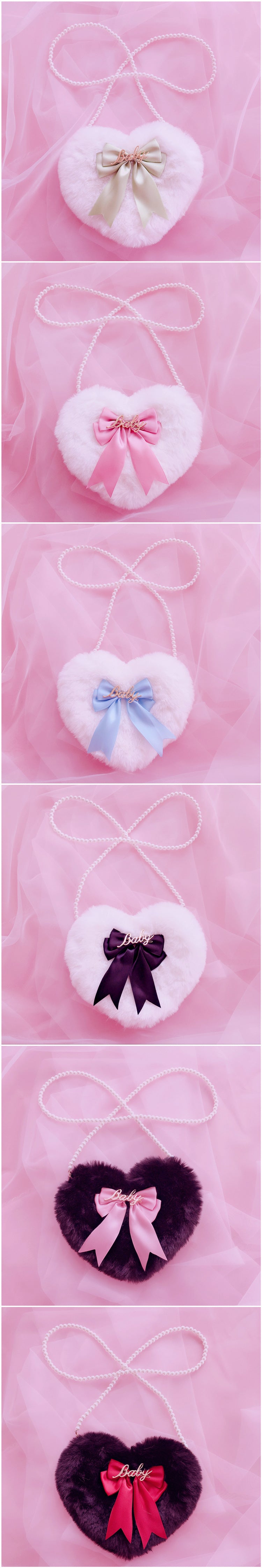 Lolita Plush Heart Shoulder Bag Heart-Shaped Multi-Color Double-Layer Bow Pearl Chain Lolita Bag Crossbody Bag