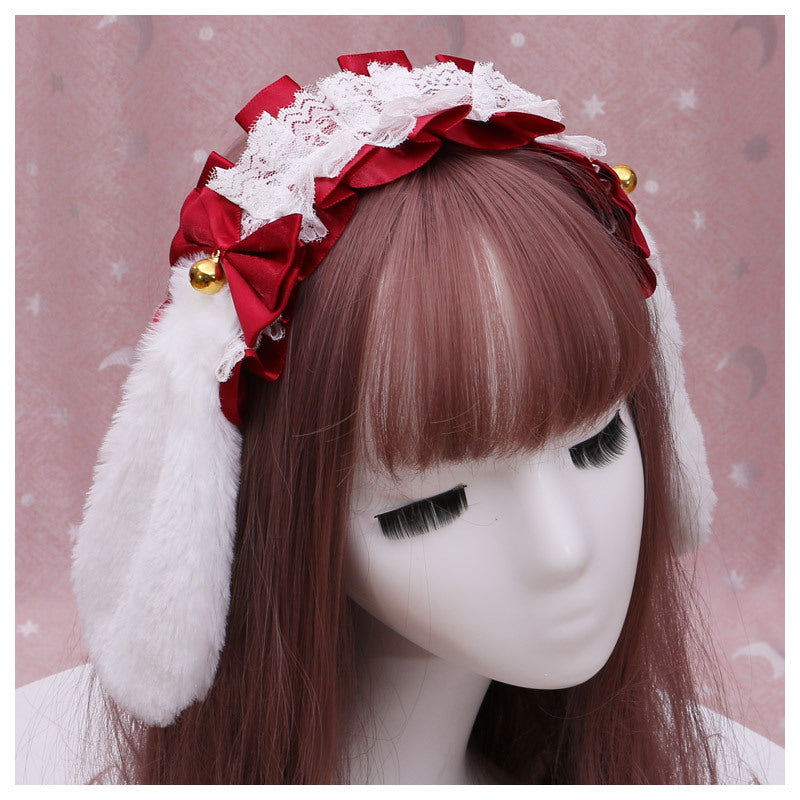 Handmade Lolita Lace Animal Ear Headwear Plush Bunny Ear Hairband Accessories
