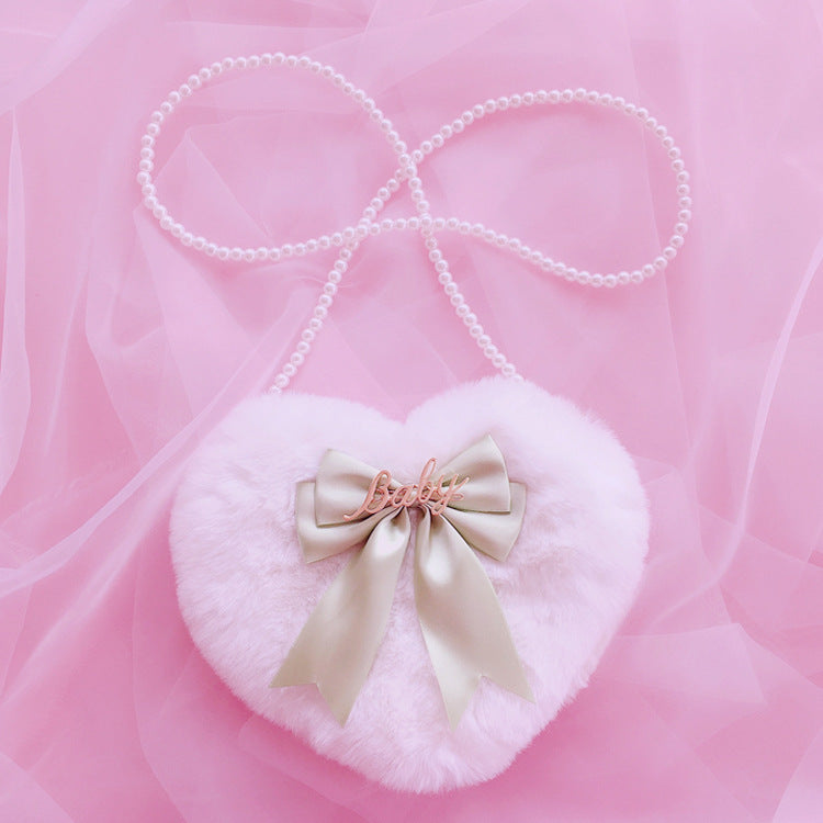 Lolita Plush Heart Shoulder Bag Heart-Shaped Multi-Color Double-Layer Bow Pearl Chain Lolita Bag Crossbody Bag