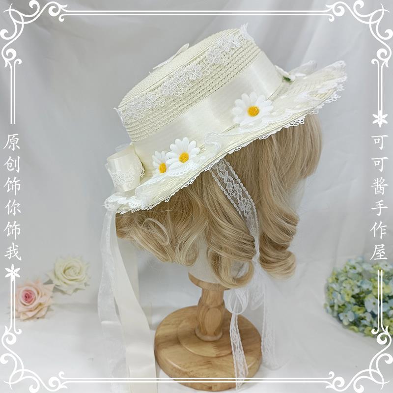 Original Handmade Lolita White Chrysanthemum Straw Hat with Bow Ribbon Sun Hat Sweet Fairy Ancient Style Outing Pastoral Hat
