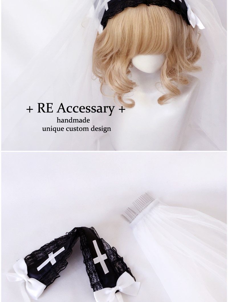 Handmade Original New Lolita Dark Night Saint Church Cross Embroidery Shiny Rhinestone Shawl Veil