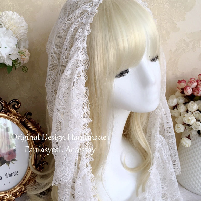 Fanmao Original Lolita White Nun Veil Headscarf Wedding Lolita Headwear Pearl Hairband