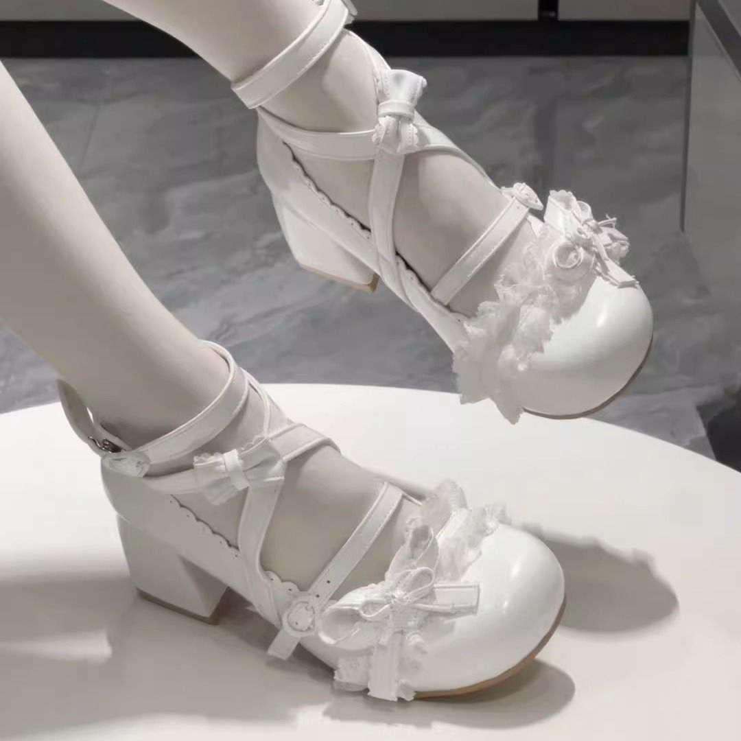 Wind Chime Whisper Lolita Shoes | Doll-Like Mid-Heel Lace Trim Sweet Mary Jane Leather Flats