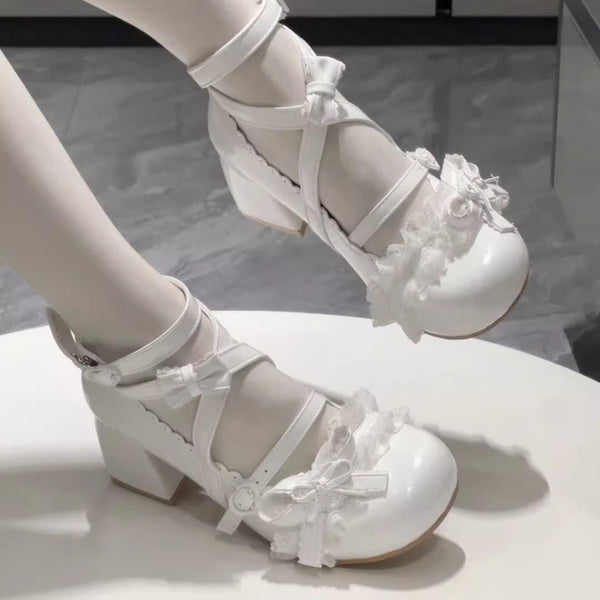 Wind Chime Whisper Lolita Shoes | Doll-Like Mid-Heel Lace Trim Sweet Mary Jane Leather Flats