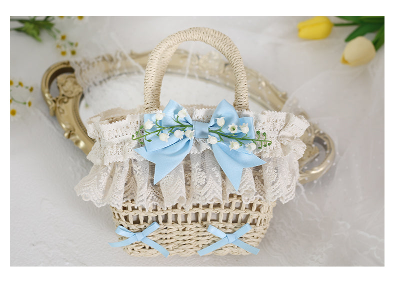Original Lolita Mori Style Lily of the Valley Lace Beach Pastoral Straw Bag Rattan Bag Handheld Woven Bag Crossbody Bag