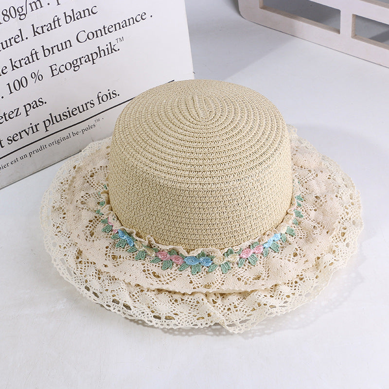 French Lolita Lace Trim Straw Hat for Women Summer Wide Brim Flat Top Sun Hat Beach Sunshade
