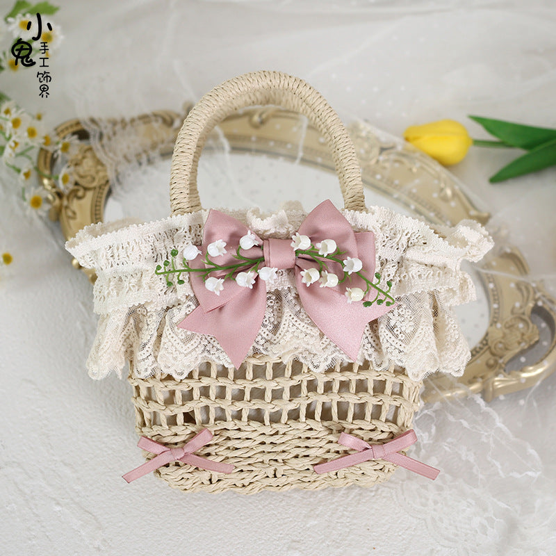 Original Lolita Mori Style Lily of the Valley Lace Beach Pastoral Straw Bag Rattan Bag Handheld Woven Bag Crossbody Bag