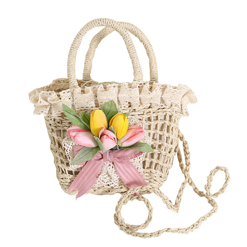 Original Lolita Tulip Lace Pastoral Handbag Bowknot Han-Yang Eclectic Straw Bag Elegant Lolita