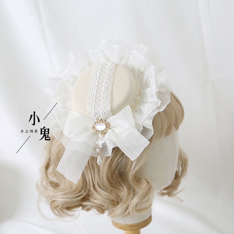 Miss Fula Lolita  Elegant Hairband Lolita Hairband Necklace White Wedding Black Hat