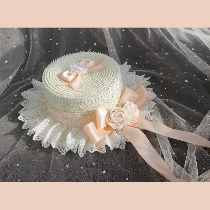 Lolita Straw Hat Mori Style Sweet Bowknot French Girl Flower Sun Hat Lolita Flat Top Hat Straw Hat
