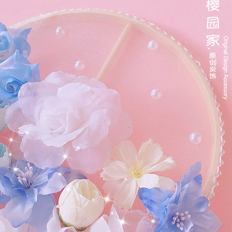 Original Handmade Blue Sakura Lolita Long Handle Round Fan Gorgeous Tea Party Lolita Fairy Wand Photo Prop