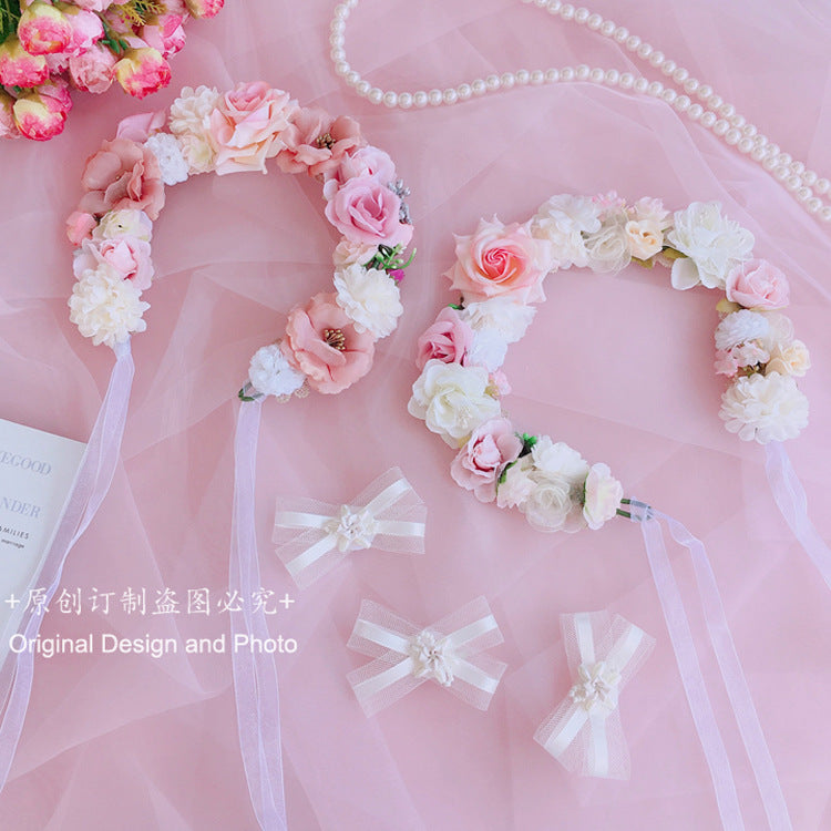 Forest Style Lolita Fairy Ribbon Flower Headband Wreath Lolita Kc Hair Accessories Mesh Bow Hair Clip Hair Ornament