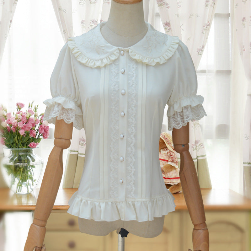 Sweet Elegant White Short - Sleeve Shirt - Embroidered Doll Collar + Lace Puff Sleeves