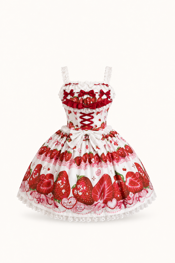 Hanguliang - Sweet Berry Story - Sweet cute JSK dress with lace and ribbon trims, adjustable shirring, cotton blend