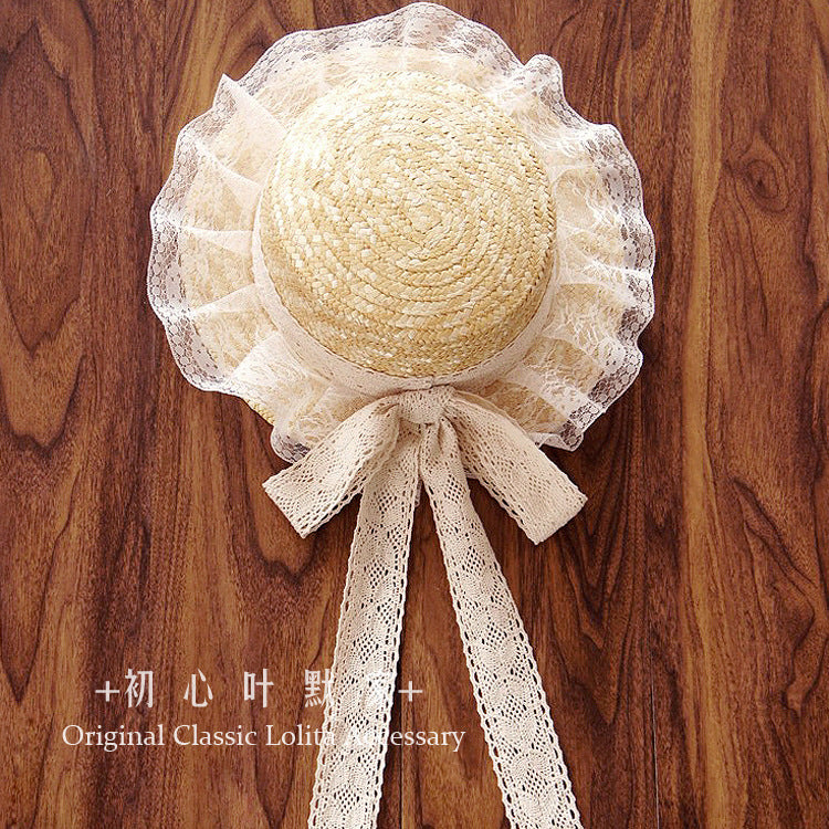 Japanese Lolita Style Handmade Mori Style DIY Basic Lace Cotton Thread Bow Ribbon Straw Hat