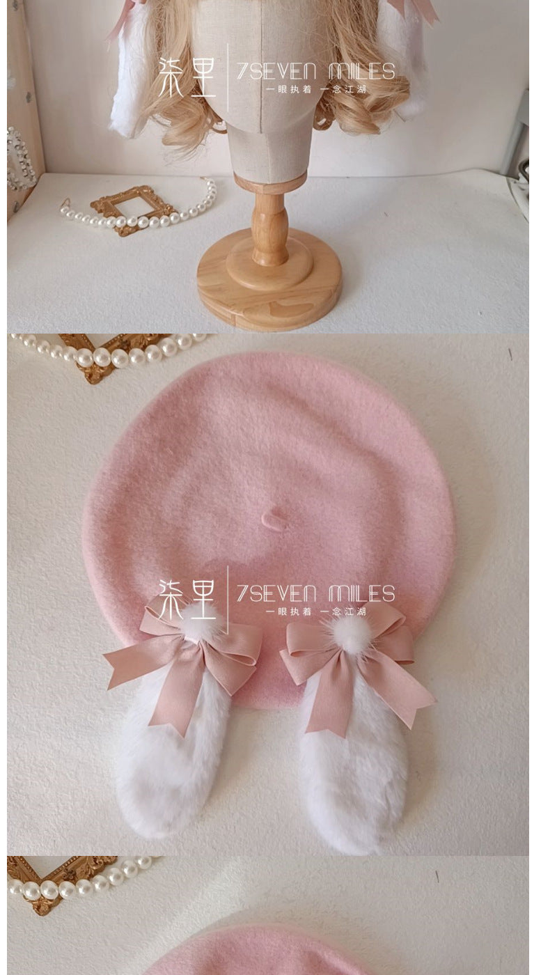Long-Eared Rabbit  Beret Handmade Bow Lolita Girl Sweet Cute Woolen Hat for Women