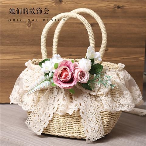 Original Handmade Straw Bag Lolita Lace Artificial Flower Beach Pastoral Soft Girl 2022 New Handbag Tote Bag