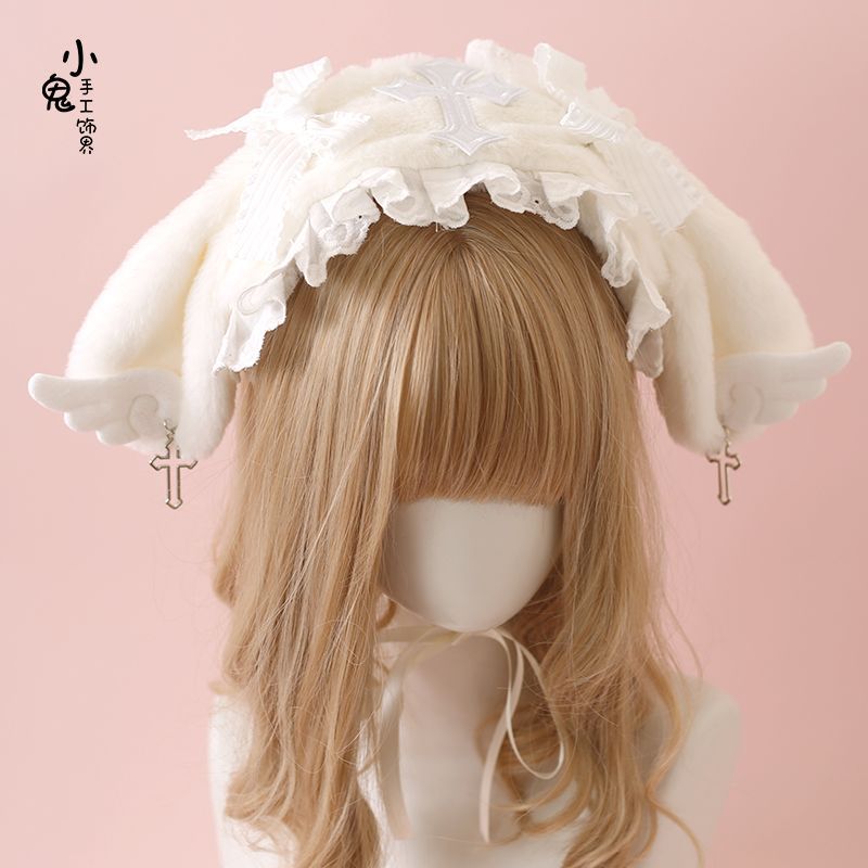 Lolita Bunny Ear Headband Subculture Cute Plush Angel Wings Lolita Hair Accessory Lolita Headwear
