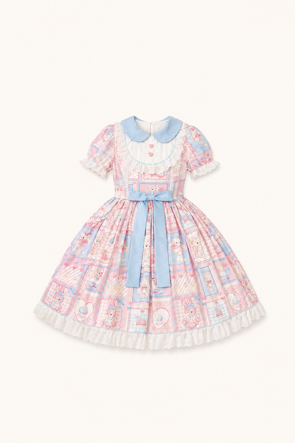 Hanguliang - Sweet Bunny Bear - Sweet Lolita one-piece dress with all-over teddy bear, heart and pastel checkered