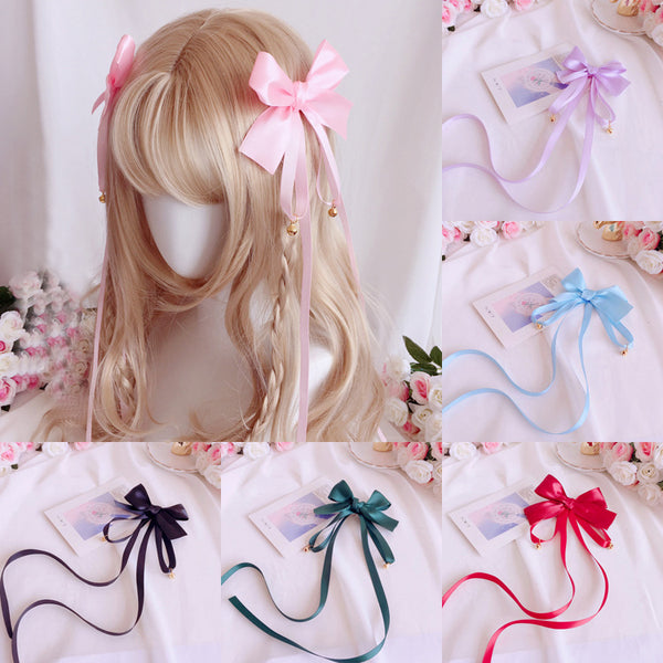 Girl's Bowknot Long Ribbon Bell Hair Clip Sweet Cute Lolita Hair Acces