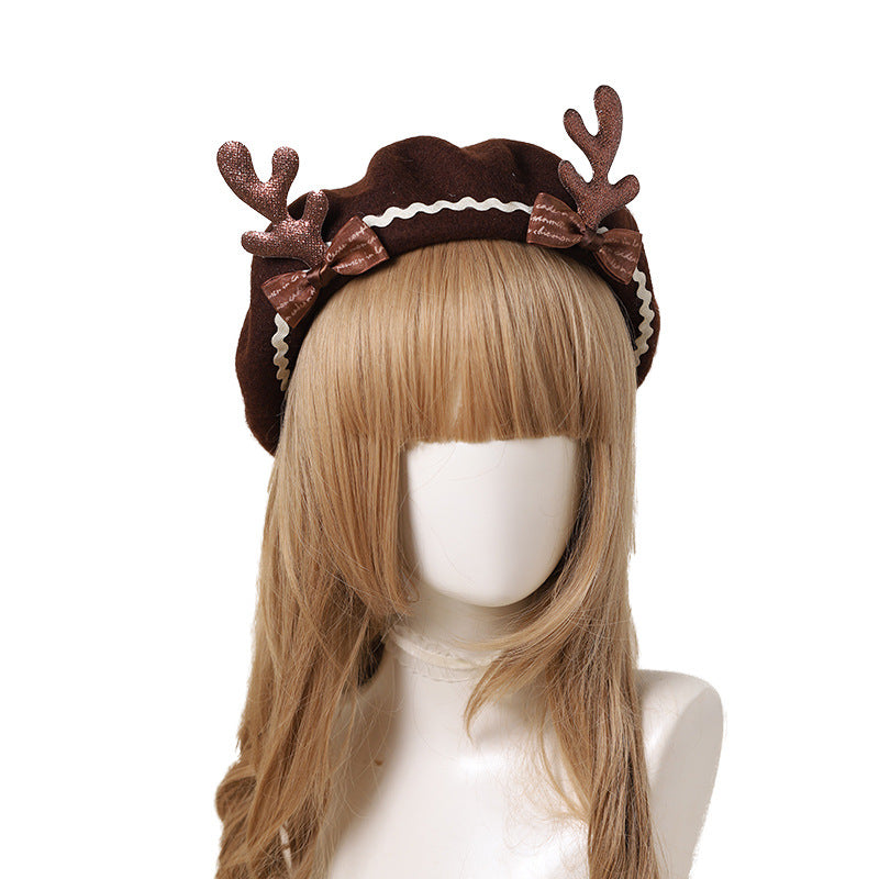 Cute Deer  Soft Girl Lolita Bowknot Beret Painter Hat Handmade Antler Hat