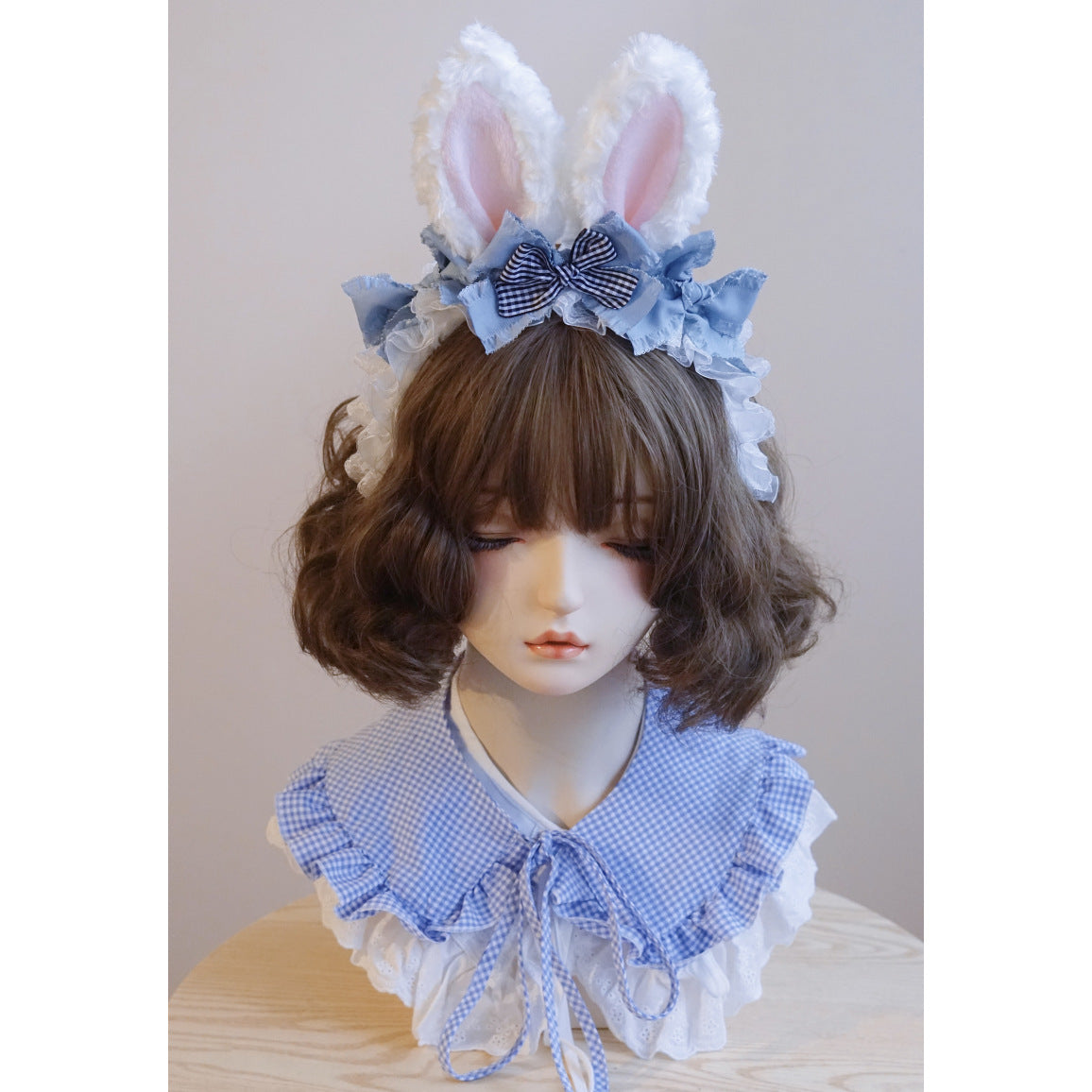 Original Handmade Light Blue Rabbit Ear Headband with Ruffled Edge Lolita Animal Ear Alice