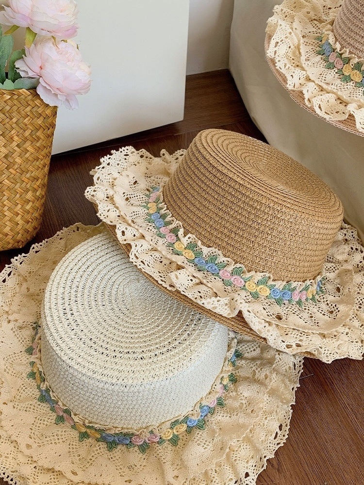 French Lolita Lace Trim Straw Hat for Women Summer Wide Brim Flat Top Sun Hat Beach Sunshade