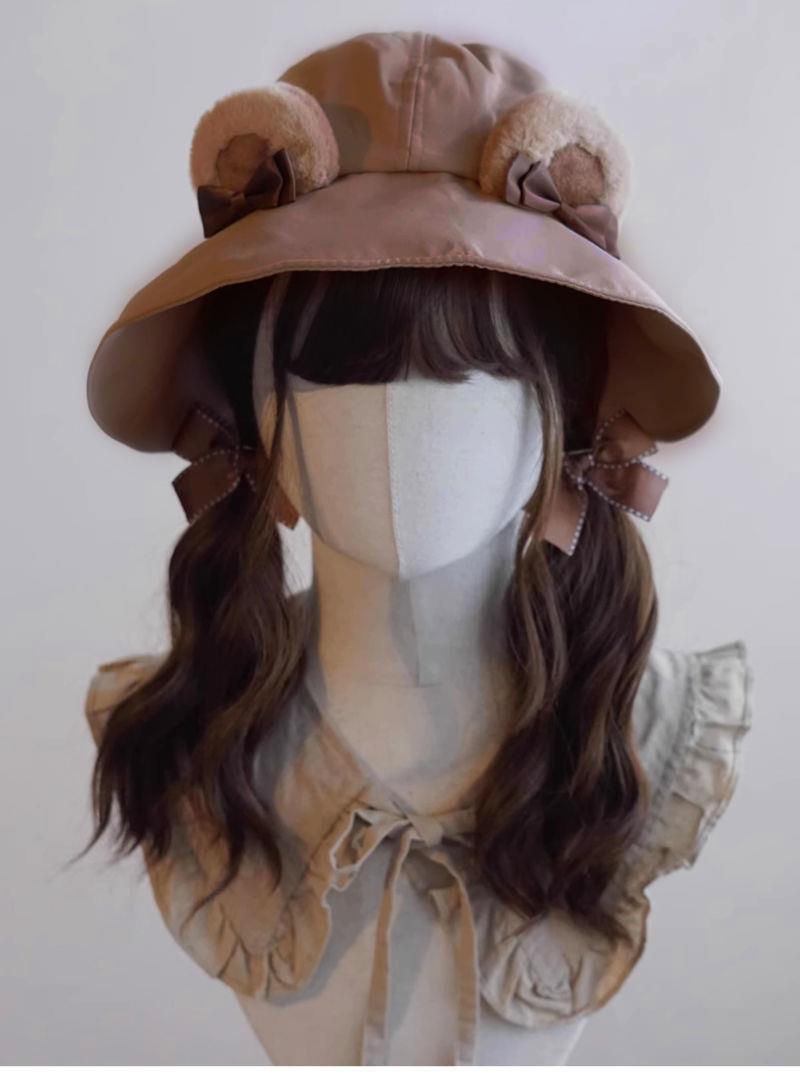 Original Handmade Lolita Bear Fisherman Hat Sun Hat Japanese Korean Cute Animal Ear Khaki Hat