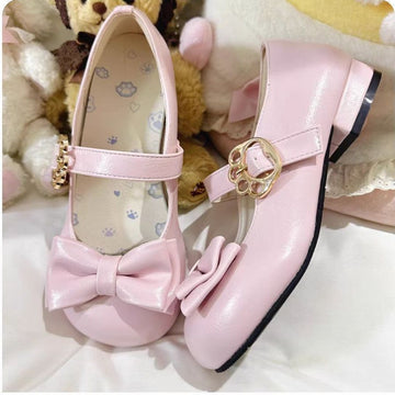 "Meow Roundy" Mid-Low Heel Lolita Shoes with Bows | Versatile Cute Girls' Leather Flats