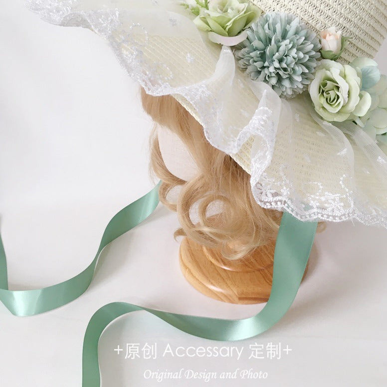 Original Handmade Lolita Sun Hat for Outings and Photos with Flower Bow Lace Wide Brim Sun Hat Straw Hat