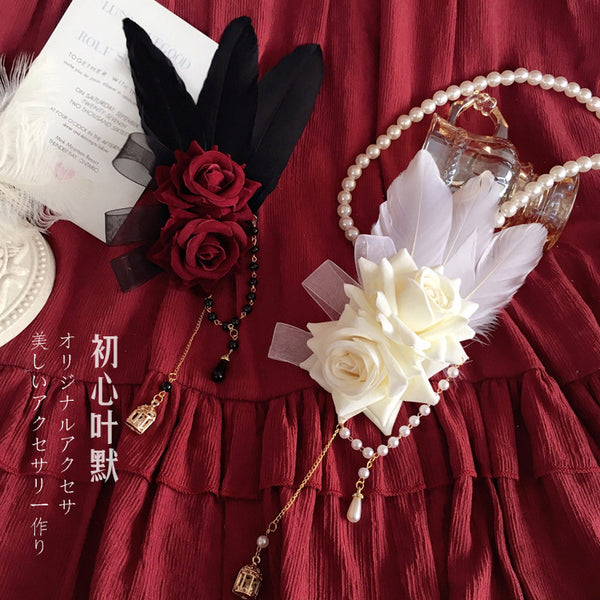 Lolita Gothic Bridal KC Hair Accessories Hair Clip Lace Rose Feather Black and White Two Colors - Lolita Fetch