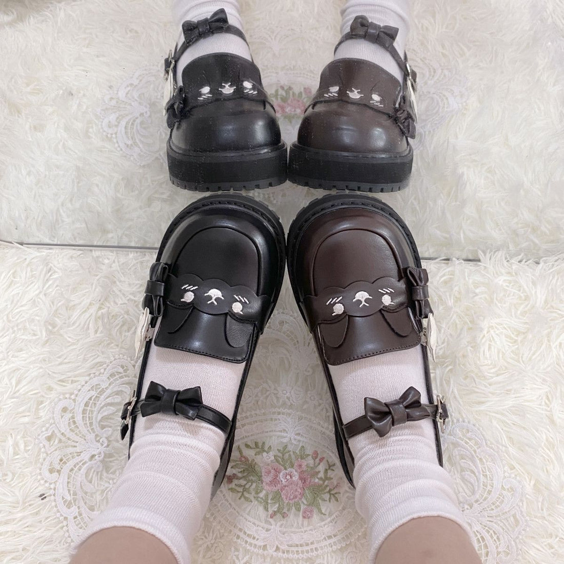 Sweet “Cocoa Rabbit” Strawberry Bunny Leather Shoes | Thick-Sole Round-Toe Niche Lolita & JK Uniform Shoes with Bow