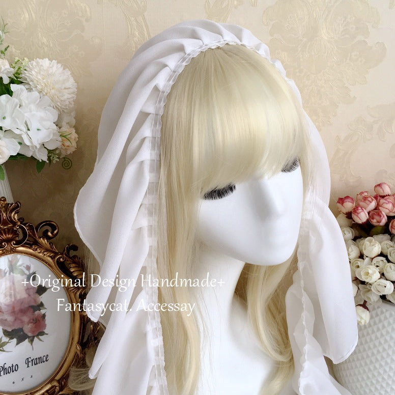 Fanmao Original Lolita White Nun Veil Headscarf Wedding Lolita Headwear Pearl Hairband