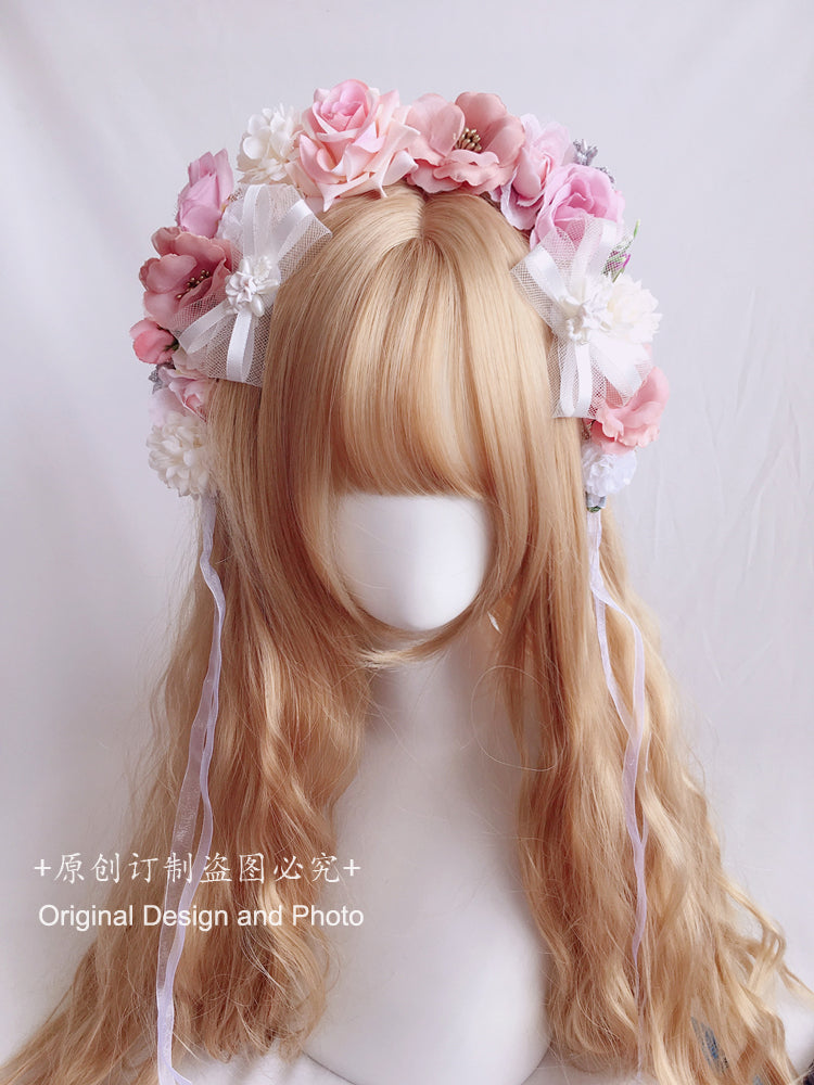 Forest Style Lolita Fairy Ribbon Flower Headband Wreath Lolita Kc Hair Accessories Mesh Bow Hair Clip Hair Ornament