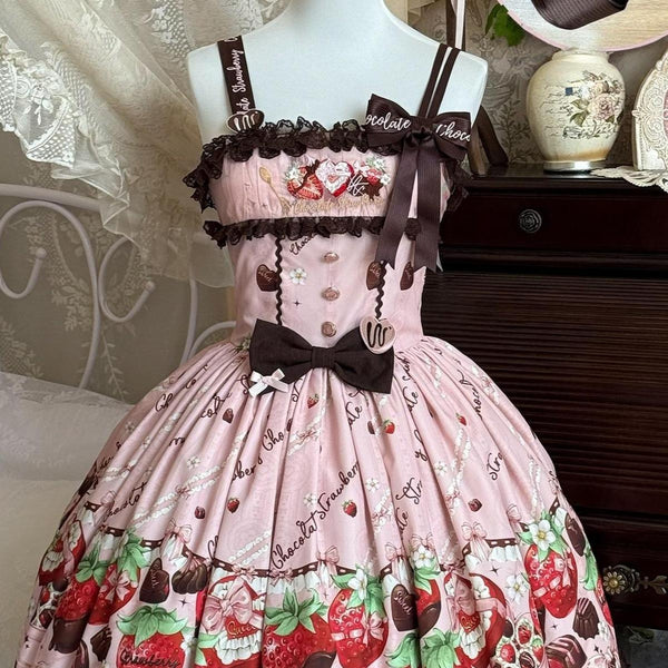 DreamWhale - Strawberry Chocolate Lovers - Kawaii Lolita Embroidered Printed Dress