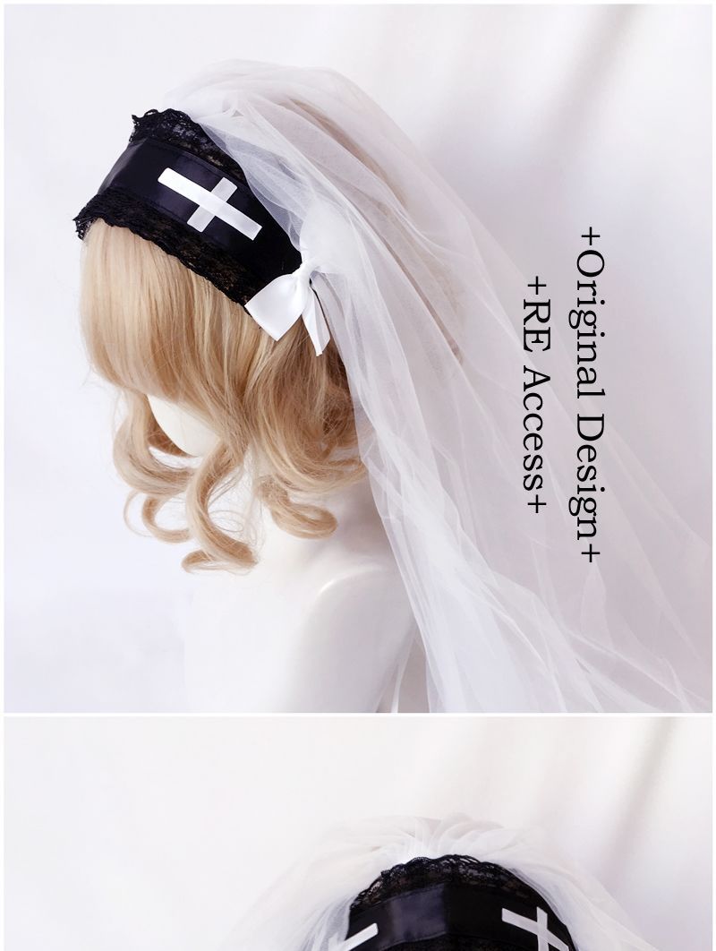 Handmade Original New Lolita Dark Night Saint Church Cross Embroidery Shiny Rhinestone Shawl Veil