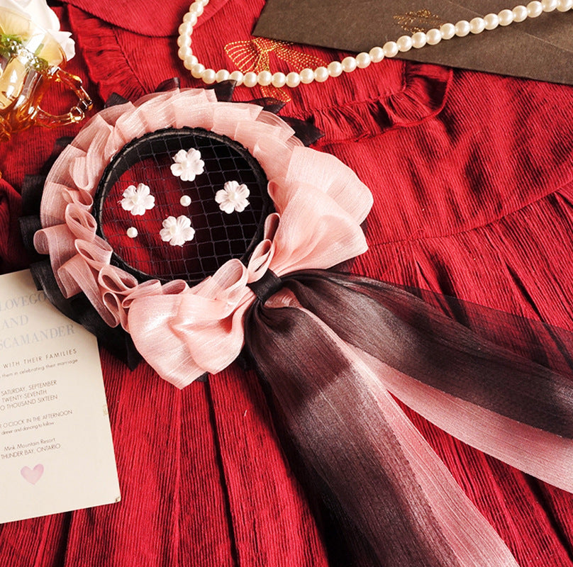 Lolita Headwear Black Pink Lolita Hair Accessories Black Sweet French Flat Hat Sweetheart House Kitty Handmade Small Items