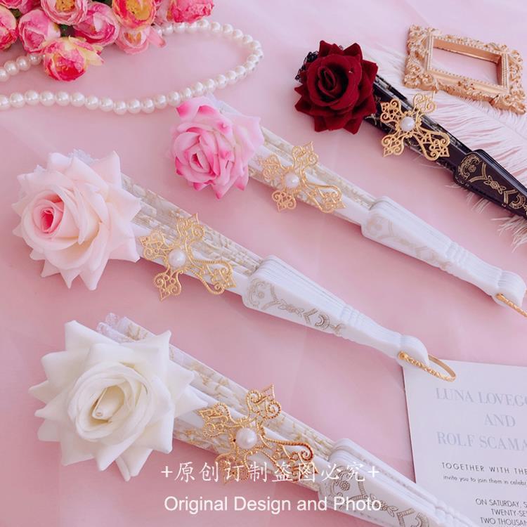 Lolita Lace Fan Gorgeous Retro European Style Rose Folding Fan Tea Party Dark Gothic Comic Con Cosplay Prop