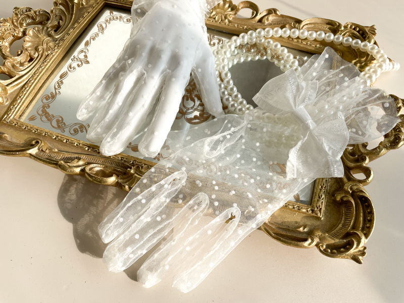 Black & White Two-tone Lace Polka Dot Gloves - Lolita Mesh Sleeves Cla Style Wedding Edition